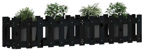 Fekete tömör fenyőfa kerti magaságyás kerítéssel 150x30x30 cm