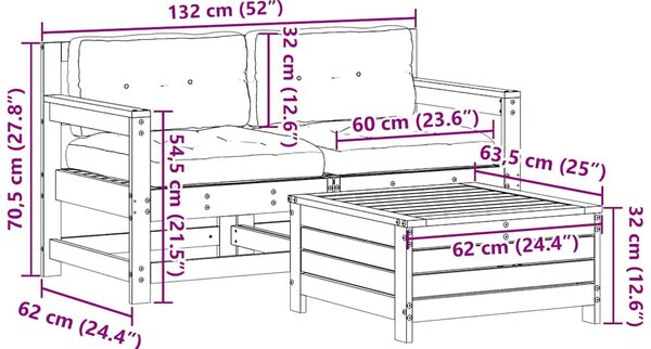 3 részes fehér tömör fenyőfa kerti ülőgarnitúra párnákkal