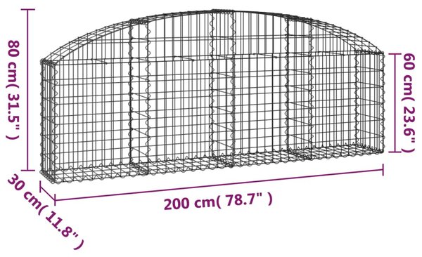Íves horganyzott vas gabion kosár 200x30x60/80 cm