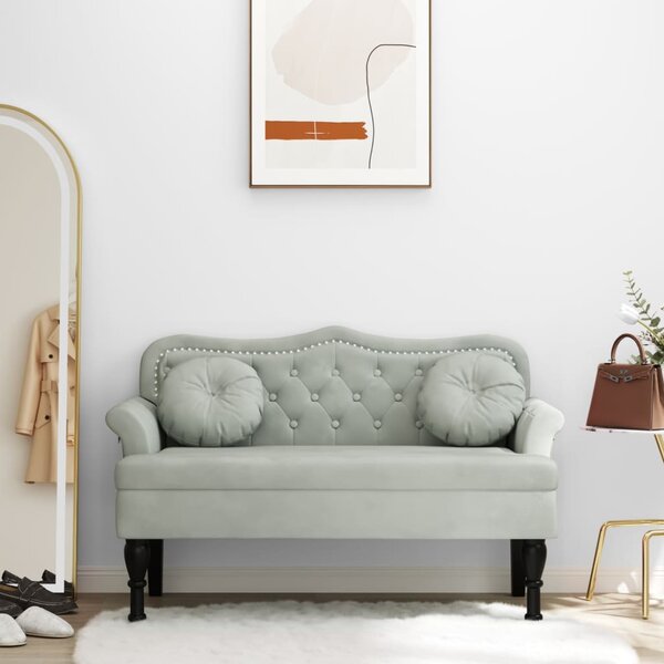 Világosszürke bársony pad párnákkal 120,5 x 65 x 75 cm