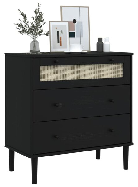SENJA fekete rattan hatású tömör fenyőfa komód 80 x 40 x 80 cm
