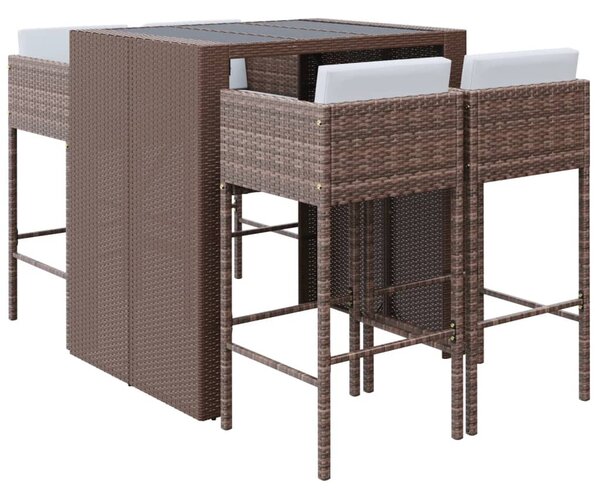 5 részes barna polyrattan kerti bárszett párnákkal