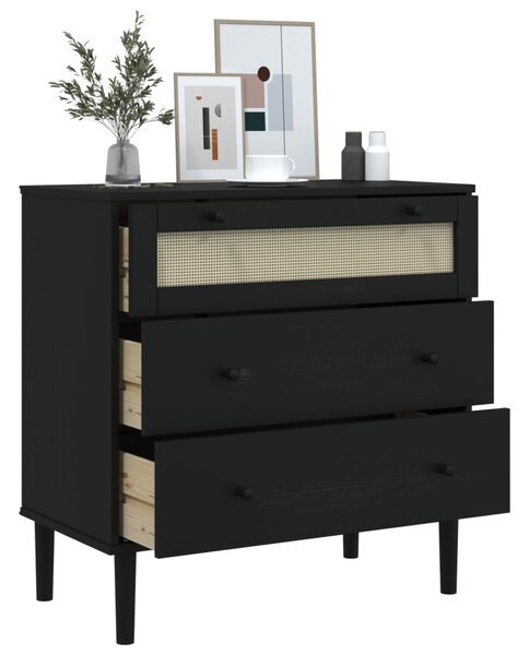 SENJA fekete rattan hatású tömör fenyőfa komód 80 x 40 x 80 cm