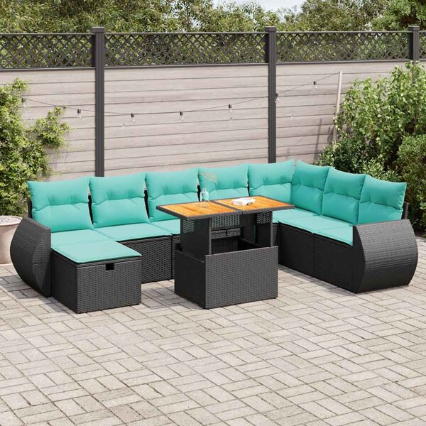 9 részes barna polyrattan akácfa kerti ülőgarnitúra párnákkal