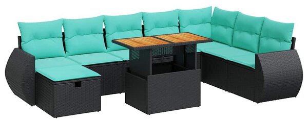 9 részes barna polyrattan akácfa kerti ülőgarnitúra párnákkal
