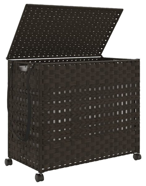 Sötétbarna rattan szennyeskosár kerekekkel 66x35x60 cm