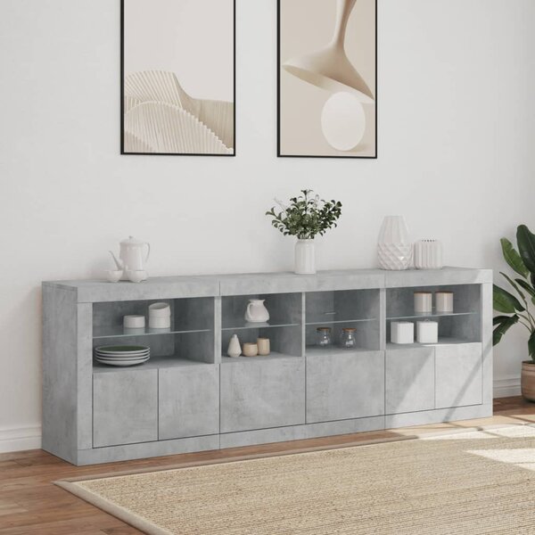 Betonszürke tálalószekrény LED-világítással 202x37x67 cm