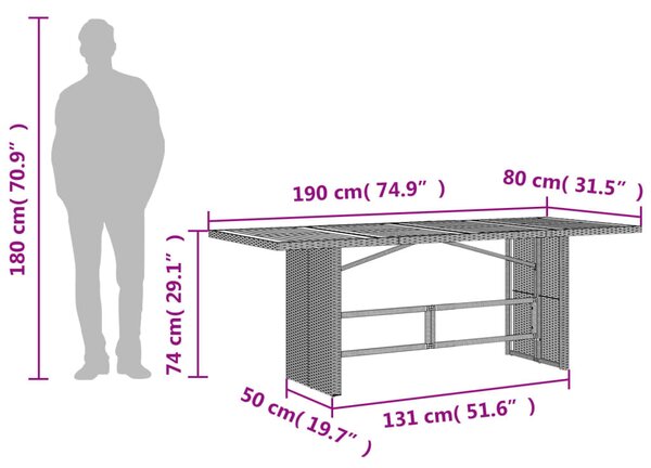 Bézs polyrattan akácfa lapos kerti asztal 190 x 80 x 74 cm