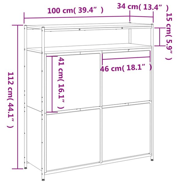Füstös tölgy cipőszekrény 4 kihajtható fiókkal 100x34x112 cm