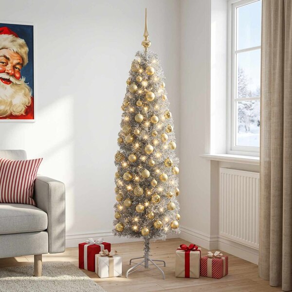 Karcsú műkarácsonyfa gömbökkel 180 cm 300 LED Meleg fehér