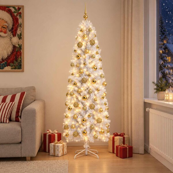 Karcsú műkarácsonyfa gömbökkel 180 cm 300 LED Meleg fehér