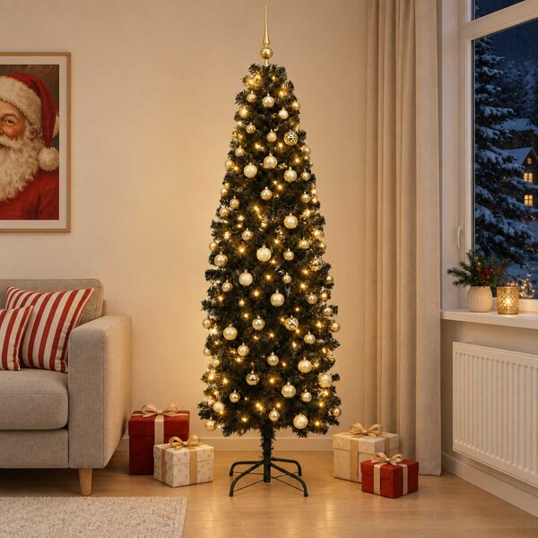 Karcsú műkarácsonyfa gömbökkel 180 cm 300 LED Meleg fehér