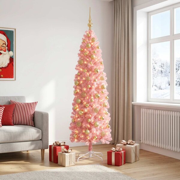 Karcsú műkarácsonyfa gömbökkel 180 cm 300 LED Meleg fehér