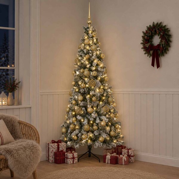 Műkarácsonyfa gömbbel 180 cm 300 LED Meleg fehér PVC és fém