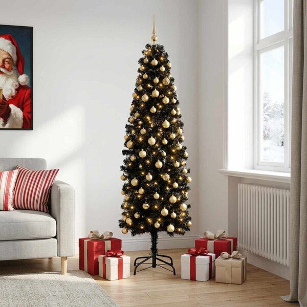 Karcsú műkarácsonyfa gömbökkel 180 cm 300 LED Meleg fehér