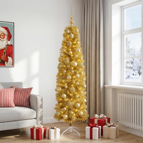 Mű vékony karácsonyfa gömbökkel 180 cm 300 LED Meleg fehér