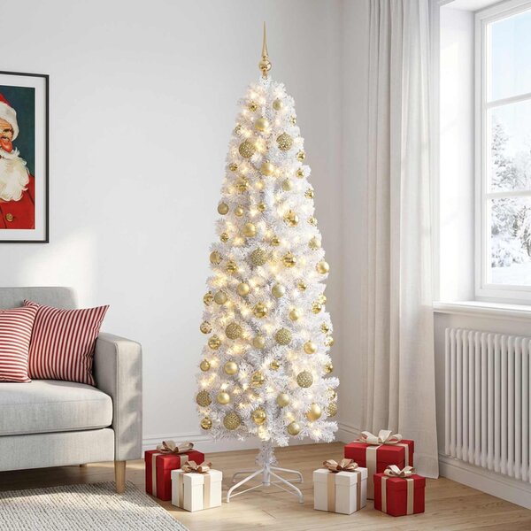 Karcsú műkarácsonyfa gömbökkel 180 cm 300 LED Meleg fehér