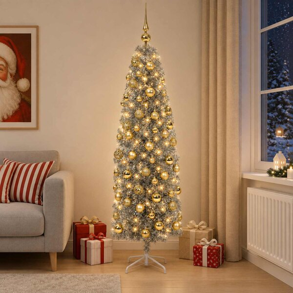 Karcsú műkarácsonyfa gömbökkel 180 cm 300 LED Meleg fehér