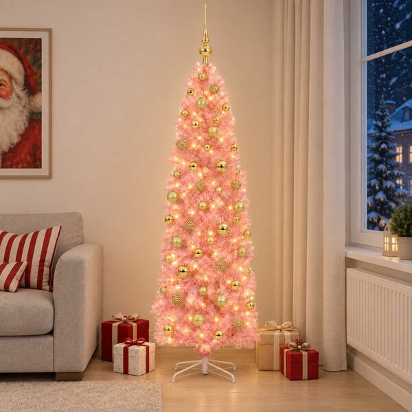 Karcsú műkarácsonyfa gömbökkel 180 cm 300 LED Meleg fehér