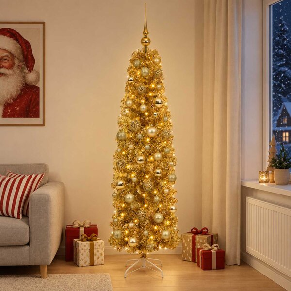 Mű vékony karácsonyfa gömbökkel 180 cm 300 LED Meleg fehér
