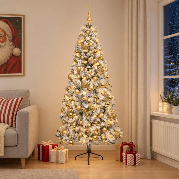 Műkarácsonyfa gömbbel 180 cm 300 LED Meleg fehér PVC és fém