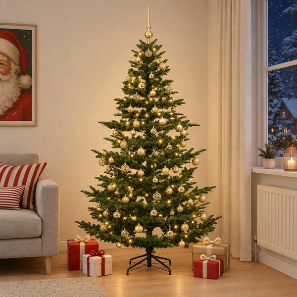 Műkarácsonyfa gömbbel 180 cm 300 LED Meleg fehér PE és PVC Zöld
