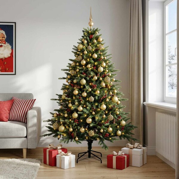 Műkarácsonyfa gömbbel 180 cm 300 LED Meleg fehér PVC és fém