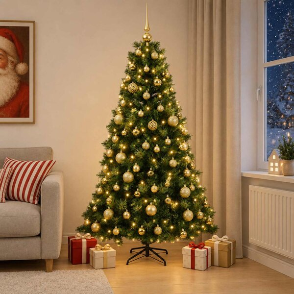 Műkarácsonyfa gömbbel 180 cm 300 LED Meleg fehér PVC és fém