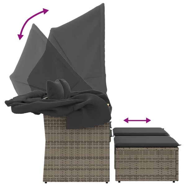2 személyes szürke polyrattan kerti kanapé baldachinnal/székkel