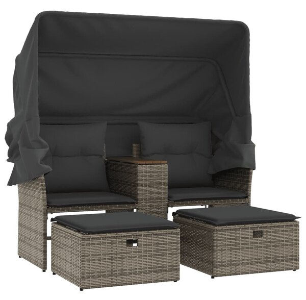 2 személyes szürke polyrattan kerti kanapé baldachinnal/székkel