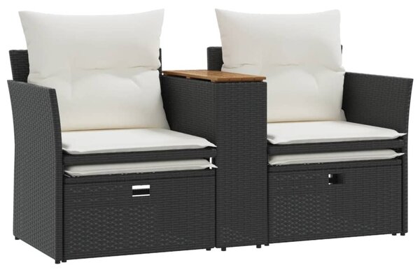 2 személyes fekete polyrattan kerti kanapé zsámollyal