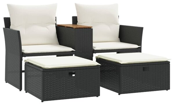 2 személyes fekete polyrattan kerti kanapé zsámollyal