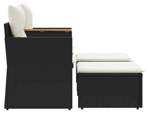 2 személyes fekete polyrattan kerti kanapé zsámollyal