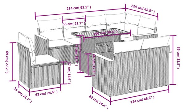 9 részes szürke polyrattan kerti ülőgarnitúra párnákkal