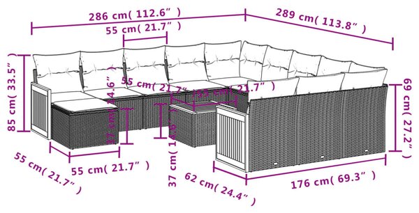13 részes fekete polyrattan kerti ülőgarnitúra párnákkal