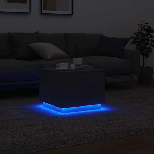 Betonszürke dohányzóasztal LED-lámpákkal 50 x 50 x 40 cm