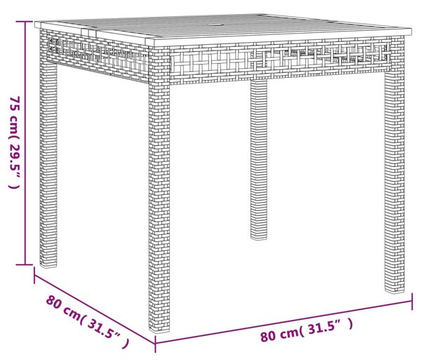 Szürke polyrattan és akácfa kerti asztal 80 x 80 x 74 cm