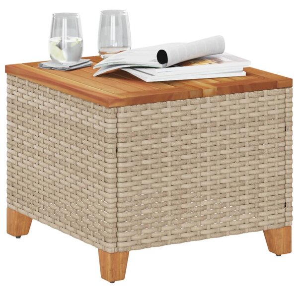 Bézs polyrattan és akácfa kerti asztal 45 x 45 x 37 cm