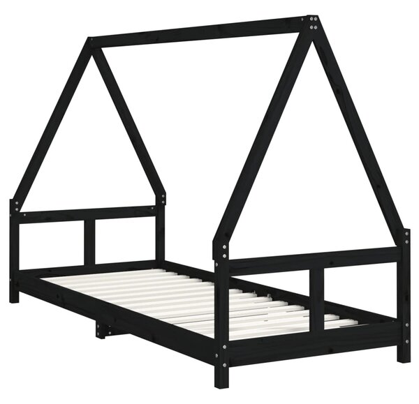 Fekete tömör fenyőfa gyerekágykeret 80 x 200 cm