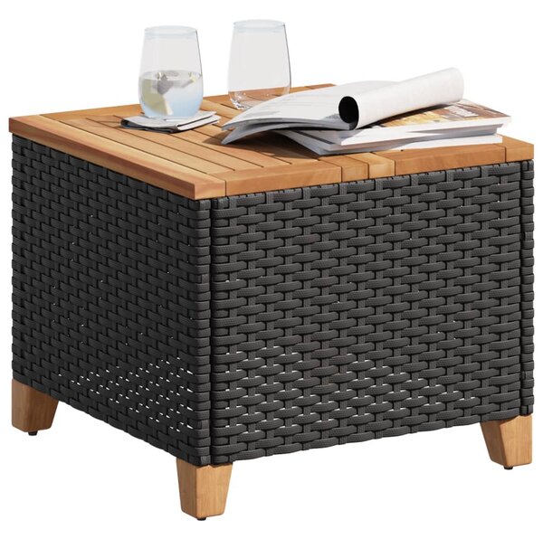 Fekete polyrattan és akácfa kerti asztal 45 x 45 x 37 cm