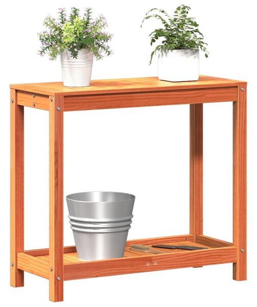 Viaszbarna tömör fenyőfa ültetőasztal polccal 82,5 x 35 x 75 cm