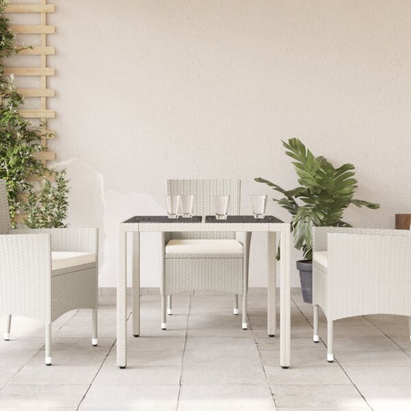 Fehér polyrattan üveglapos kerti asztal 90 x 90 x 75 cm