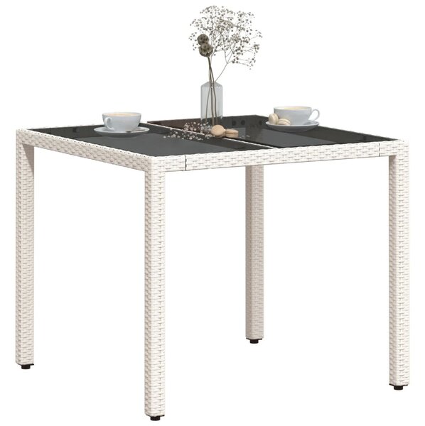 Fehér polyrattan üveglapos kerti asztal 90 x 90 x 75 cm