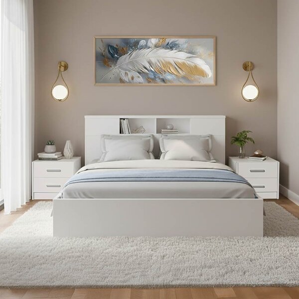 3 darabos hálószoba bútor szett ágykerettel és éjjeliszekrénnyel, Olympus White, fehér, 147.7x221x84 cm