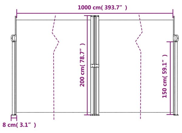 Terrakotta behúzható oldalsó napellenző 200 x 1000 cm