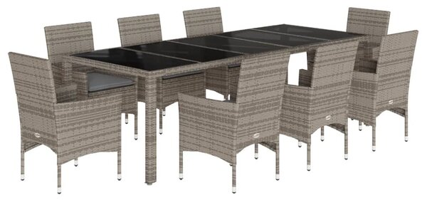 9 részes szürke polyrattan/üveg kerti étkezőgarnitúra párnával