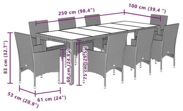 9 részes szürke polyrattan/üveg kerti étkezőgarnitúra párnával