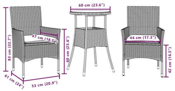 3 részes szürke polyrattan/üveg kerti étkezőgarnitúra párnával