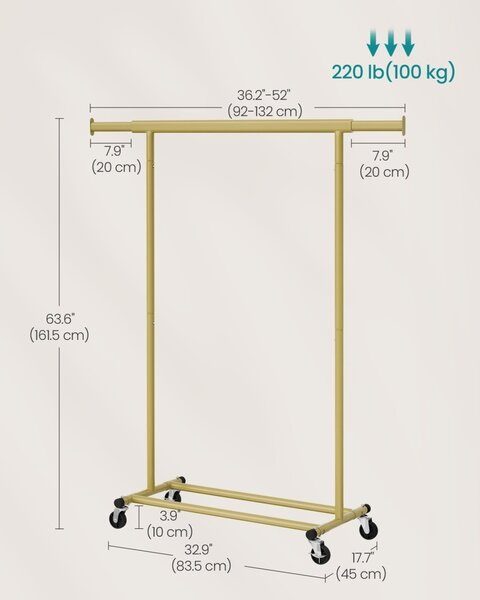 Gurulós, állítható ruhaállvány, Songmics, arany, 132x45x161.5 cm