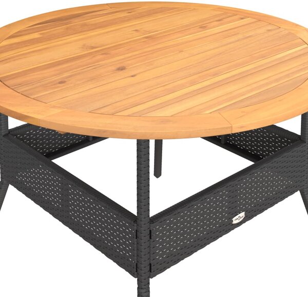 Fekete polyrattan kerti asztal akácfa lappal Ø110 x 71 cm